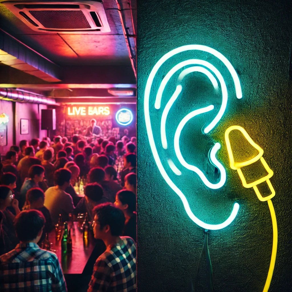 Crowded live music venue with neon ear and earplug sign